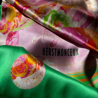 Close-up of double-layer construction and satin finish silk of the Spotted Appledrop scarf
