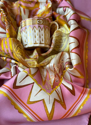 Close-up of silk texture with pink border from the Derby Pattern 188 scarf