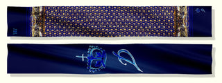Double Sided Royal Northumbria Long Silk Scarf Combined front and back view showing golden edge pattern on deep blue background and Royal Derby porcelain mark in one image