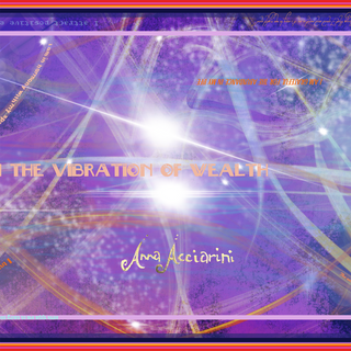Oblong silk scarf detail with red border, purple base, star-like sparkles, and ‘The Vibration of Wealth’ and ‘Anna Acciarini’ in bold script