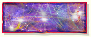 Oblong silk scarf with red border, purple base, star-like sparkles, and ‘Serendipity’ and ‘Synchronicity’ in bold script